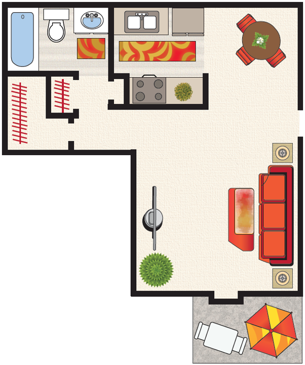 Floor plan for studio, 1 bath, 550 sqft